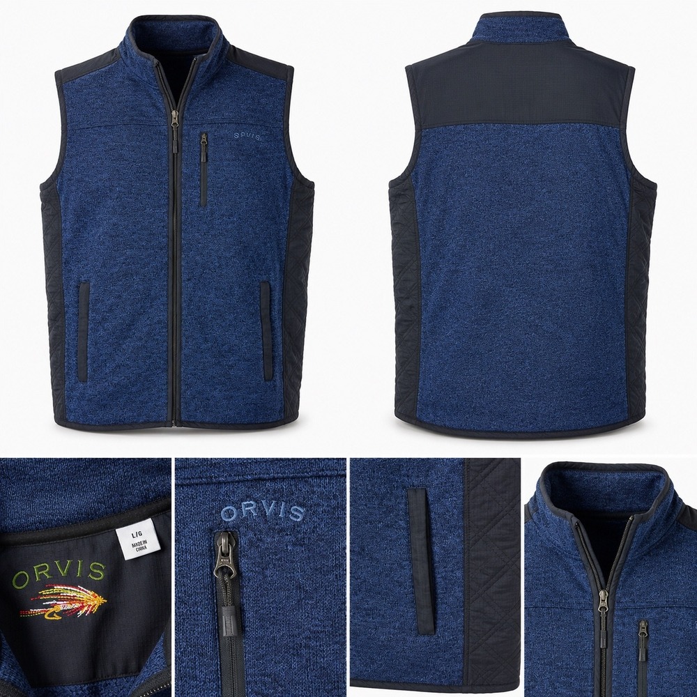 Orvis R65 Sweater Fleece Vest Men L Blue Heather Full Zip Outdoor Hiking Fishing